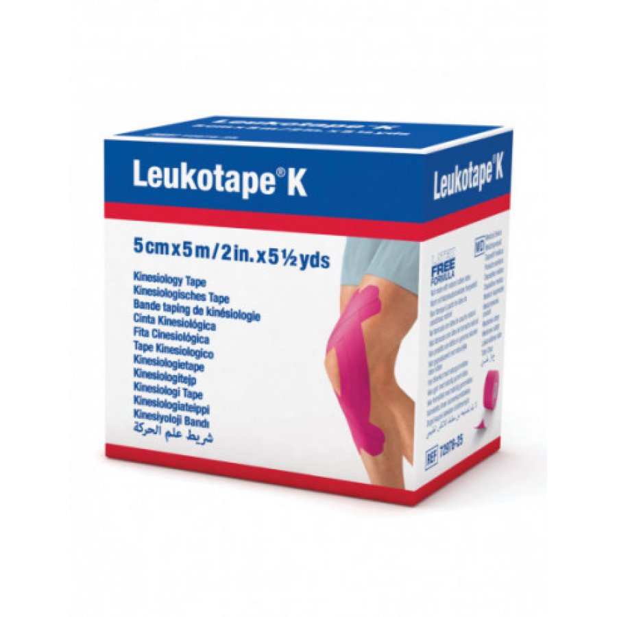 Benda adesiva actimove leukotape k taping fisioterapico larghezza 5 cm lunghezza 5 m colore rosa in rotolo