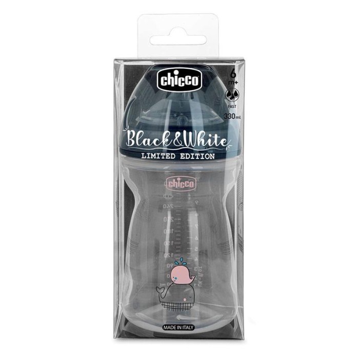 Chicco Artsana Biberon Natural Feeling 0m+ Flusso Rapido Black & White 150 ml