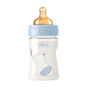 Chicco Artsana Biberon Original Touch 1 Flusso Lento Bottiglia Vetro Tettarella Caucciù Blu 150 ml