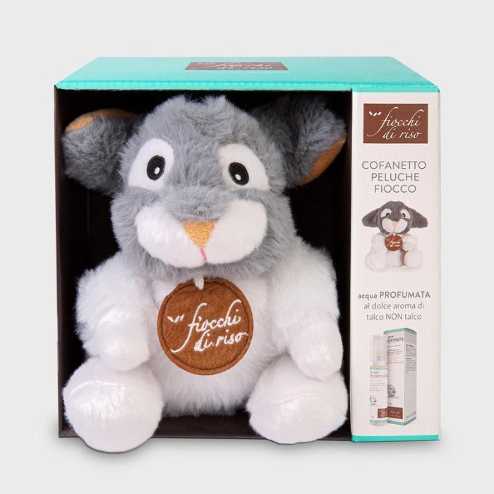 Fiocchi Di Riso Cofanetto Regalo con Acqua Profumata al profumo di Talco e Coniglietto di Peluche