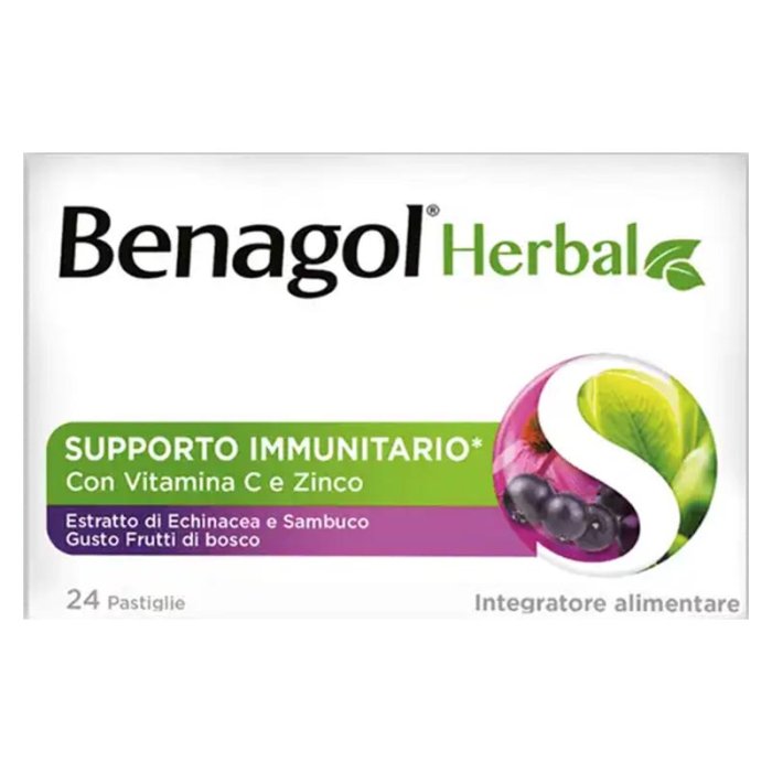Benagol Salute e Benessere della Gola Herbal 24 Pastiglie solubili Frutti di Bosco