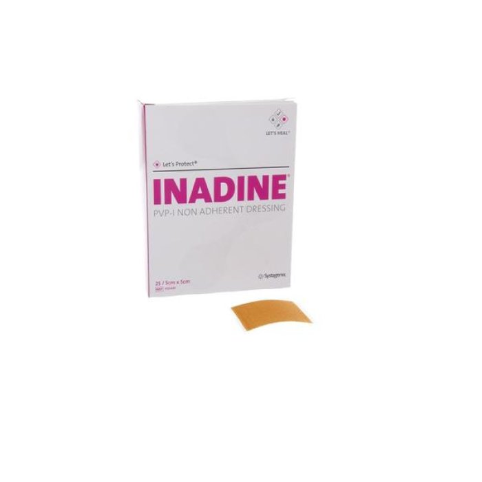 Inadine Medicazione Antisettica Non Aderente Garze con Iodio Povidone 5 x 5 cm Confezione da 25 Pezzi