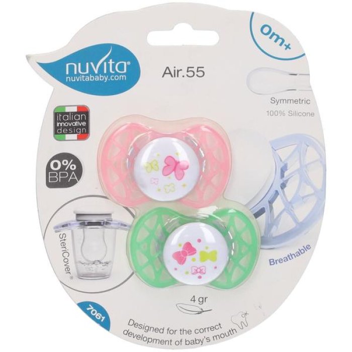 Nuvita Succhietto AIR 55 con Tettarella Ortodontica 0-6m+ colore Rosa e Verde 2 succhietti