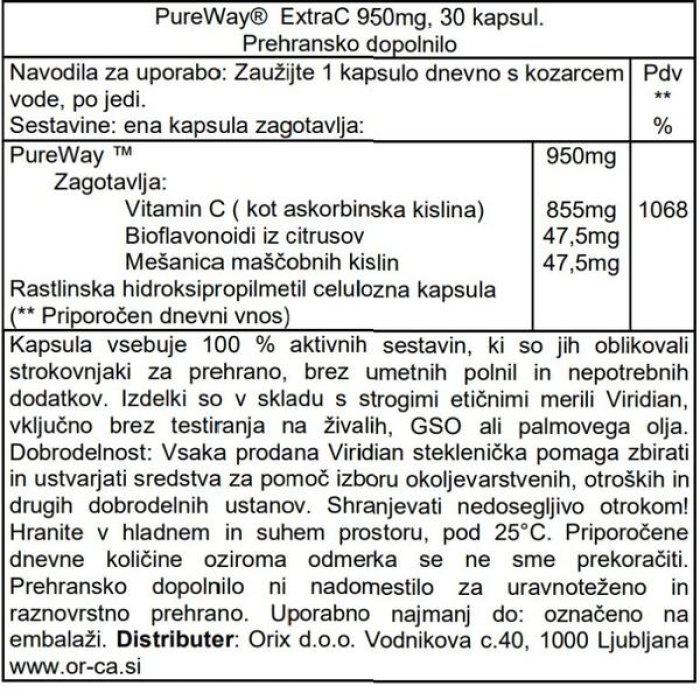Extra Pureway C 950 Milligrammi 30 Capsule Integratore di Vitamina C ad Alta Biodisponibilità per le Difese Immunitarie