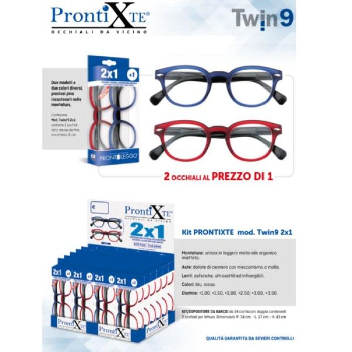 Occhiali da lettura Prontixte Twin 9 diottria +1,5 colore blu e rosso stile backstage e casting