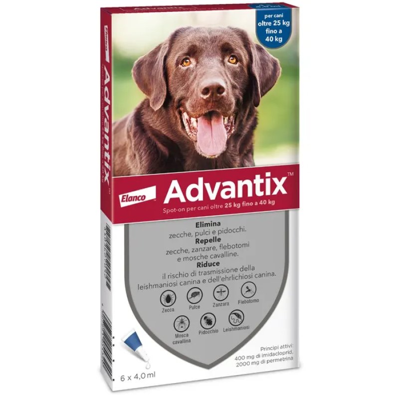 Advantix Spot On Per Cani da 25 a 40 Kg Soluzione 6 Pipette da 4,0 ml
