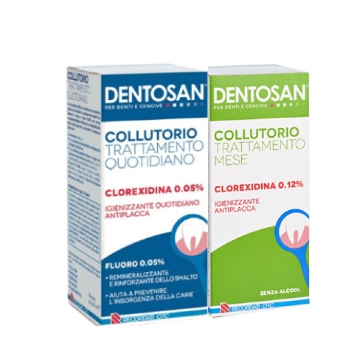 Dentosan Collutorio Bipack Collutorio Trattamento Quotidiano 200ml Clorexidina 0,05% + Collutorio Trattamento Mese 200ml  0,12% Pacco Doppio