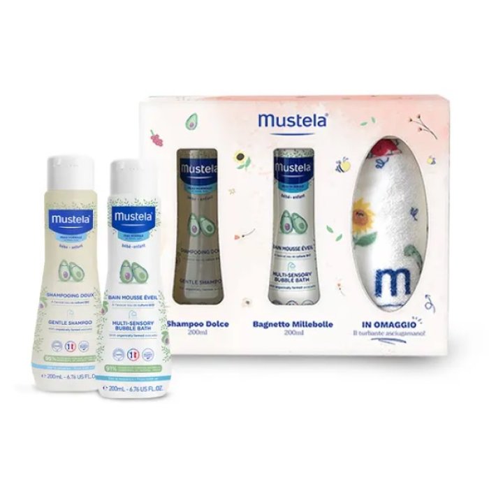 Mustela Regali di Natale Cofanetto Regalo con Bagnetto Mille Bolle Shampoo Dolce e Turbante Asciugamano