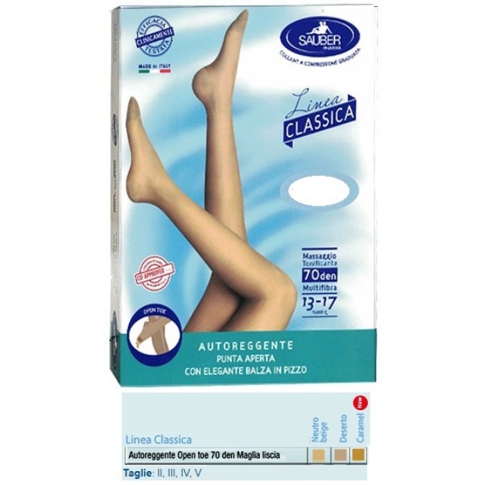 Sauber Calze Autoreggenti 70 Denari a Compressione Maglia Liscia Beige Taglia 2 Reggicalze Donna