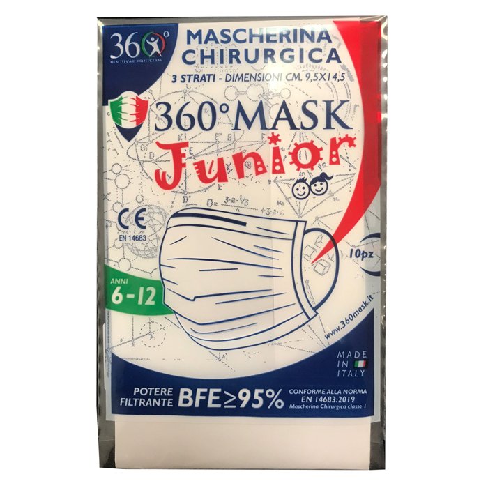 360Mask10 Mascherina Chirurgica 3 Veli Bambini 6-12 Anni Monouso Rosa 10 Pezzi
