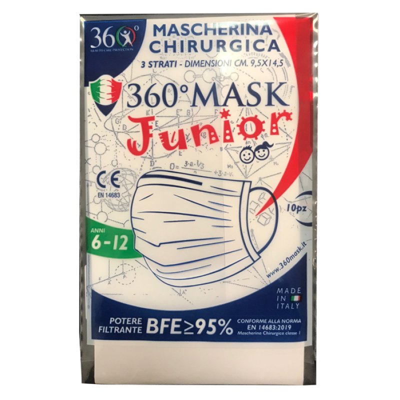 360Mask10 Mascherina Chirurgica 3 Veli Bambini 6-12 Anni Monouso Rosa 10 Pezzi