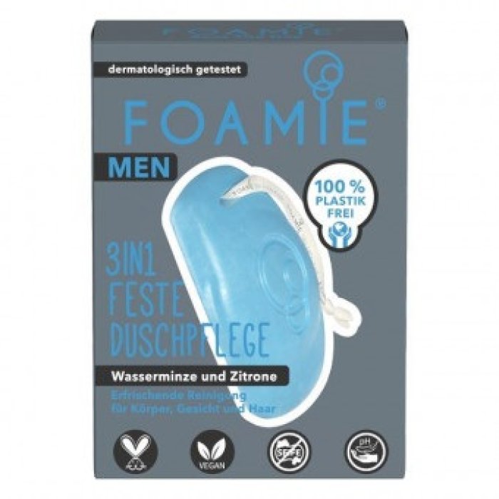 Foamie Uomo Bagnoschiuma Solido 3 in 1 Seas the Day per Corpo Viso e Capelli, Detergente Idratante Vegano Senza Plastica