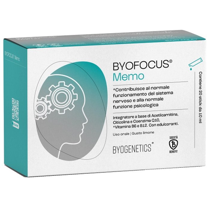 Byofocus Memo 20 stick 10 ml - integratore con acetilcarnitina, citicolina e CoQ10 per memoria e funzione psicologica