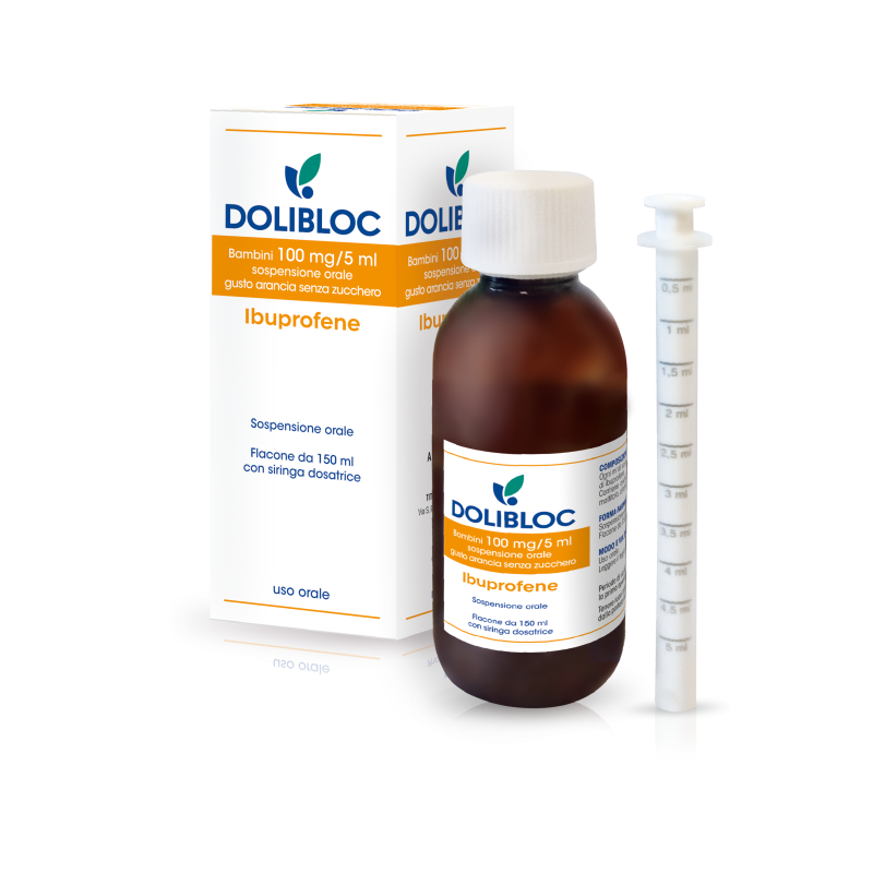 Dolibloc Bambini Sospensione Orale 100mg/5ml Ibuprofene senza zuccheri gusto arancia 150ml