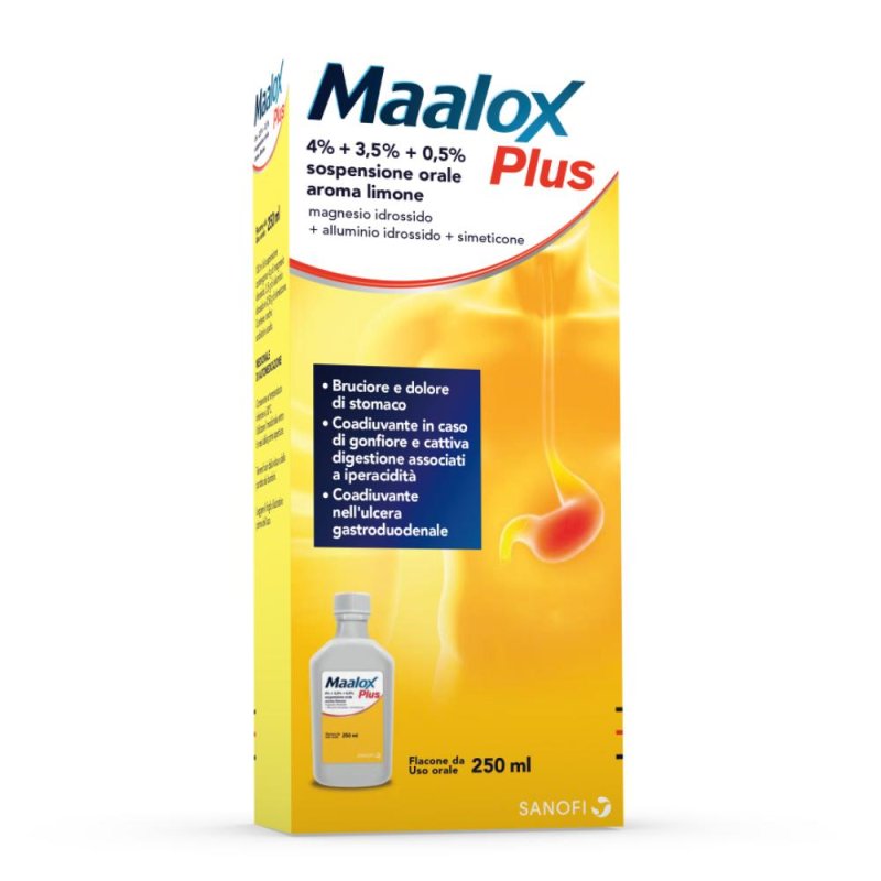 Maalox Plus 4% + 3,5% + 0,5% Sospensione Orale Aroma limone Flacone In Pet Da 250 Ml