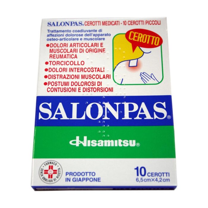 Salonpas Cerotti Antidolorifici 10 Pezzi Formato Piccolo 6,5 x 4,2 cm per Dolori Muscolari e Articolari