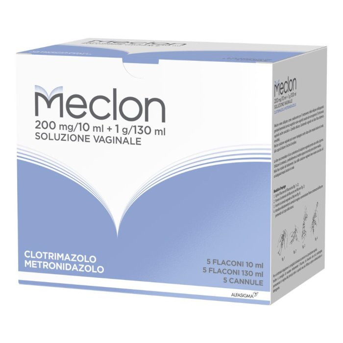 Meclon 200 Mg/10 Ml + 1 G/130 Ml Soluzione Vaginale 5 Flaconi 10 Ml + 5 Flaconi 130 Ml + 5 Cannule