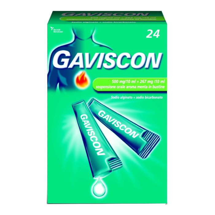 Gaviscon 500 Mg/10 Ml + 267 Mg/10 Ml Sospensione Orale Aroma Menta 24 Bustine Monodose Da 10 Ml