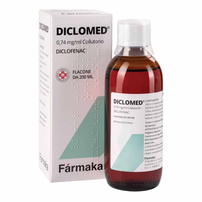 Diclomed Collutorio 0,74ml/ml Diclofenac Trattamento di Stati Infiammatori del Cavo Orofaringeo 200ml