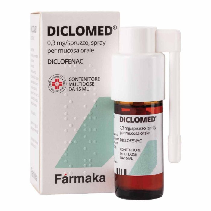 Diclomed Spray Orale 0,3 mg per Dose 15 ml Antinfiammatorio per Mal di Gola