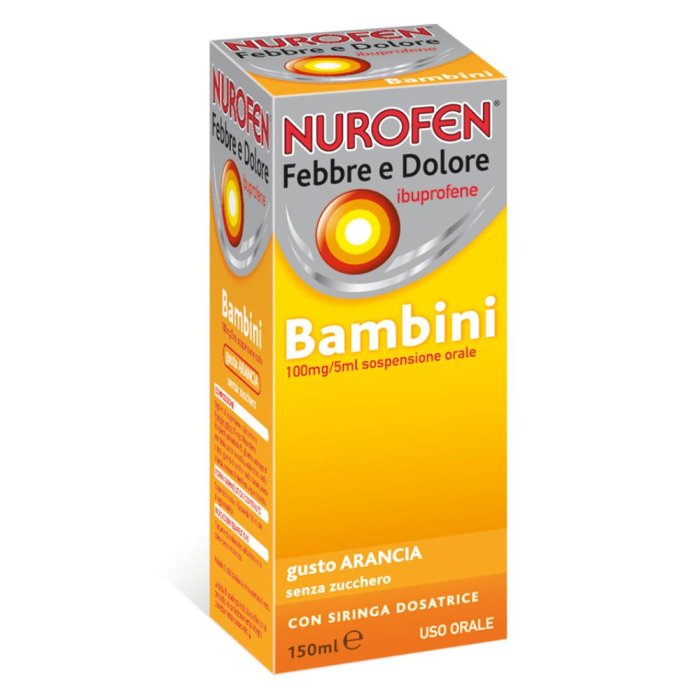 Nurofen Febbre D Bambini 100 Mg/5 Ml Sospensione Orale Gusto Arancia Senza Zucchero Flacone Da 150 Ml Con Siringa Dosatrice