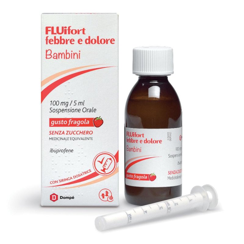 Fluifort Febbre Dol Bambini 100 Mg/5 Ml Sospensione Orale Gusto Fragola Senza Zucchero 1 Flacone Da 150 Ml Con Siringa Dosatrice