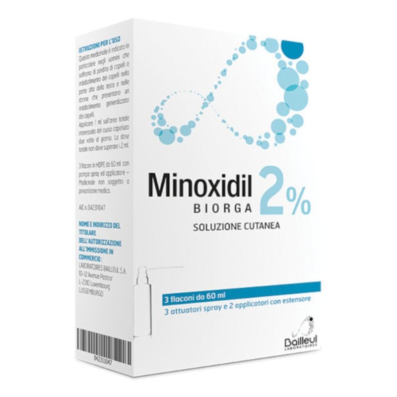 Biorga Minoxidil 2% Soluzione Cutanea Anticaduta Capelli Trattamento Alopecia Androgenetica Confezione 3 Flaconi