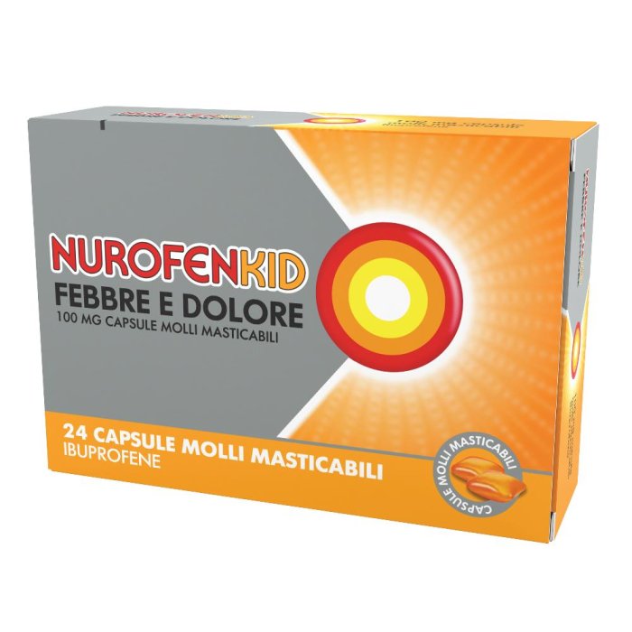 Nurofenkid Febbre e Dolore 100mg Ibuprofene per Bambini 20-40kg 24 Capsule Molli Masticabili