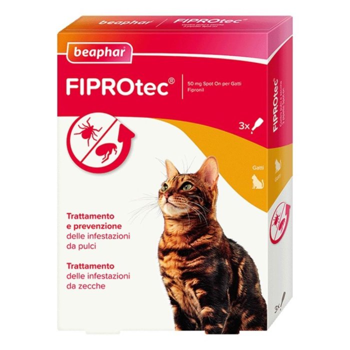 Beaphar Fiprotec per Gatto, 3 Pipette da 50 Milligrammi, Trattamento Antiparassitario Antipulci e Antizecche per Gatti
