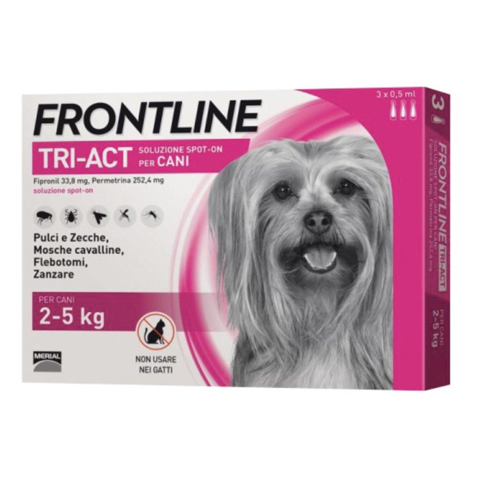 Frontline Tri Act per Cani 2–5 kg 3 Pipette da 0,5 Millilitri Antiparassitario Spot On Contro Pulci Zecche Pidocchi Pappataci e Zanzare