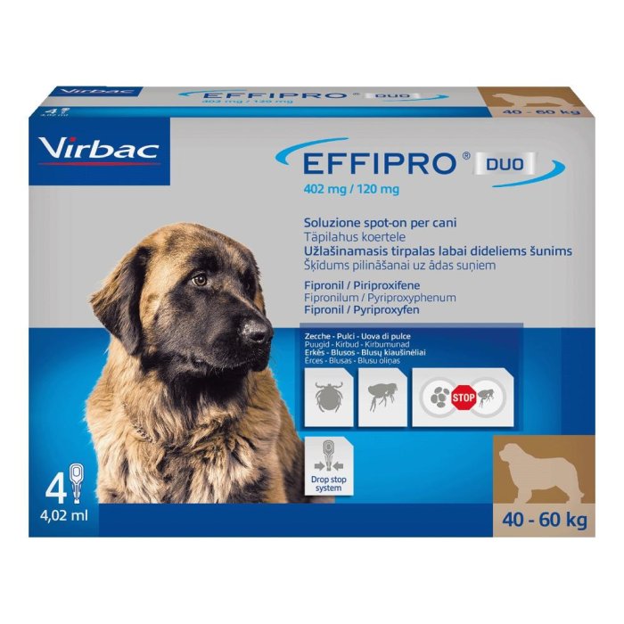 Effipro Duo per Cani Grandi 40-60 Chilogrammi Antiparassitario Spot On 4 Pipette contro Pulci e Zecche