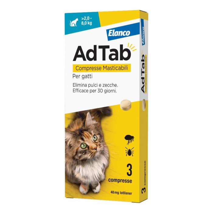 AdTab per Gatti da 2 a 8kg - Trattamento Contro Pulci e Zecche 48 mg 3 compresse