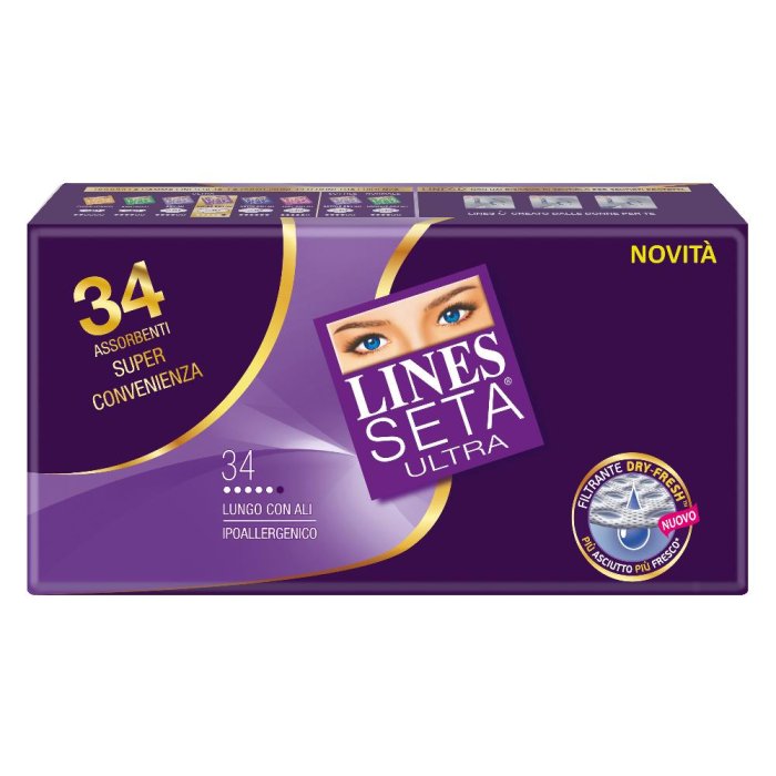 Lines Seta Ultra Lungo 34 Pezzi – the Assorbenti Igienici Ultra Sottili con Ali per Flusso Abbondante e Pelle Sensibile