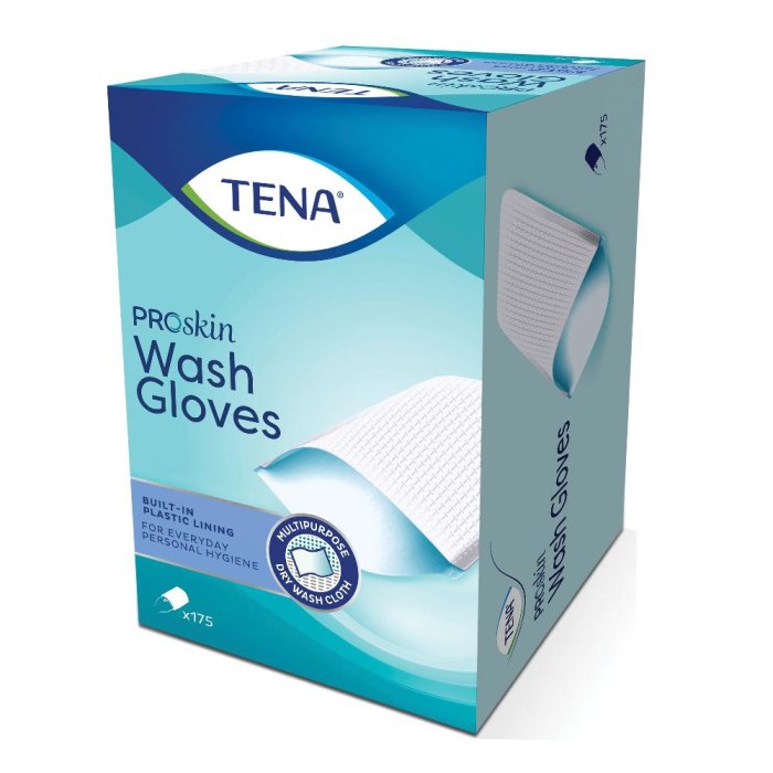 TENA Wash Glove Guanto di Lavaggio con Barriera Impermeabile Monouso per Igiene Intima e Corpo, Cura Anziani e Incontinenza