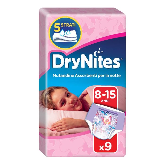 Huggies DryNites mutandine assorbenti notte per bambina 27-57 kg taglia L 8-15 anni confezione da 9 pezzi