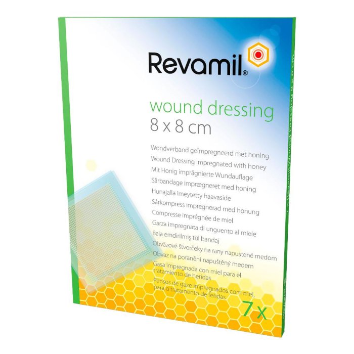Revamil Garza Med 8 x 8 centimetri 7 pezzi Garze Sterili a Base di Miele Medicale per Ferite, Ustioni e Piaghe da Decubito
