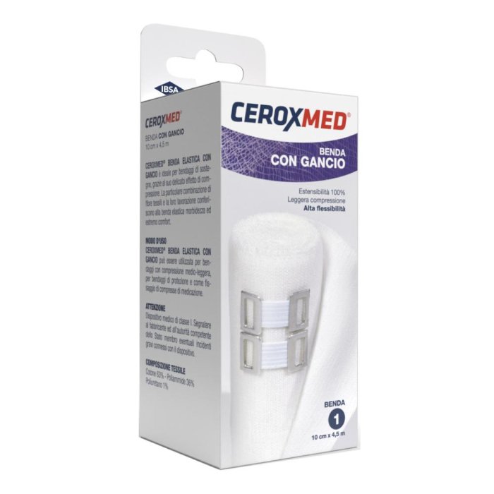 Ceroxmed Benda Elastica 10 cm x 4,5 m con Ganci per Compressione e Fissaggio