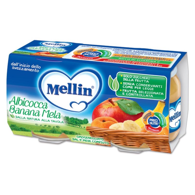 Mellin Omogeneizzato Albicocca Banana Mela  100 G X 2  – Baby Food omogeneizzato per lo svezzamento del bambino