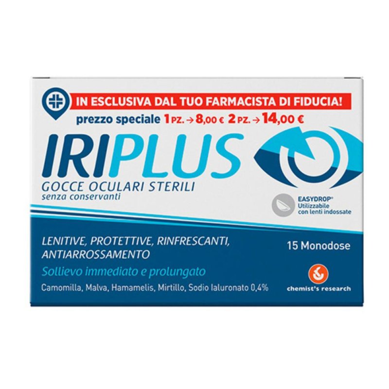 Chemist's Research Iriplus - Gocce Oculari Sterili Lenitive e Protettive 15 monodose Chemist's Research Iriplus - Gocce Oculari Sterili Lenitive e Protettive 15 monodose