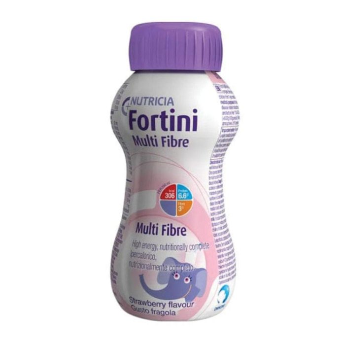 Nutricia Fortini Multi Fibre Supplemento Ipercalorico Sviluppo e Crescita dei Bambini Gusto Fragola 200 ml