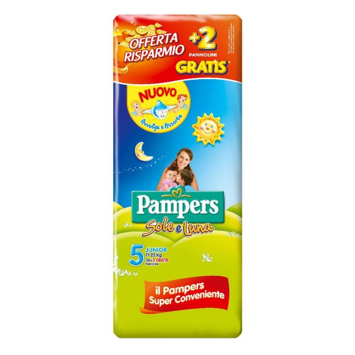 Pannolini Pampers Sole e Luna Junior Taglia 5 per Bambini 11-25 Chilogrammi Confezione Promozionale 36+2 Pezzi