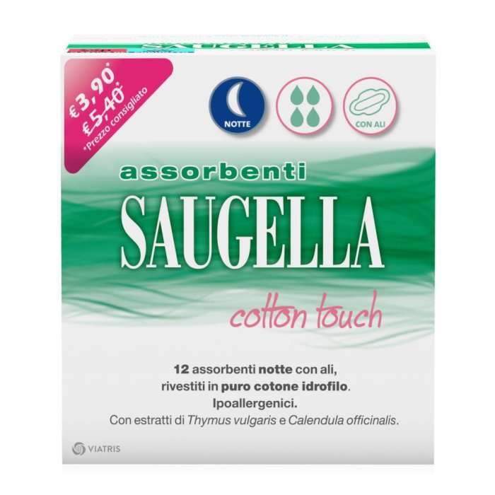 Saugella Cotton Touch 12 Assorbenti Notte con Ali in Puro Cotone