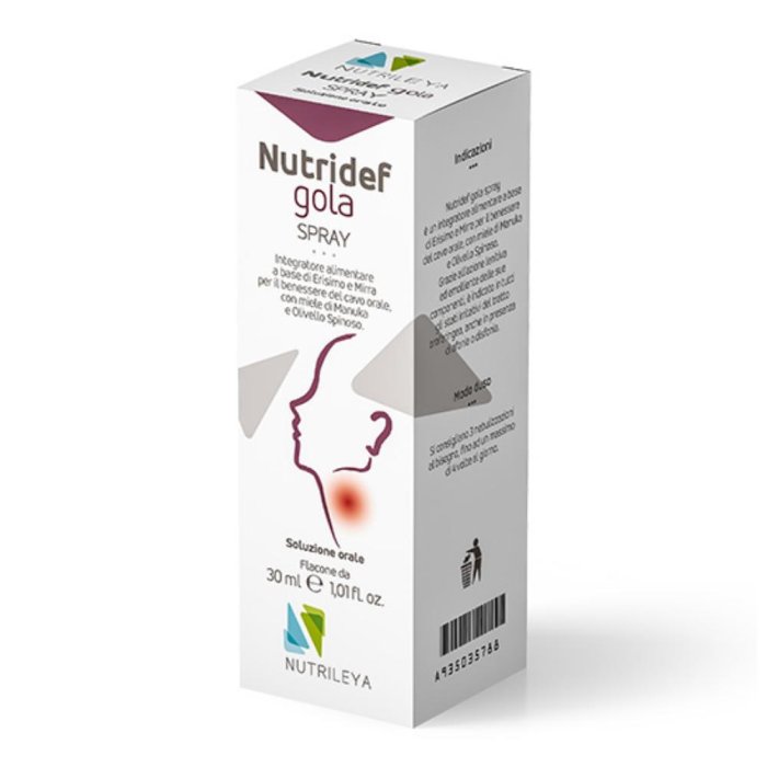 Nutridef Gola Spray 30 ml - integratore con erisimo, mirra e miele di manuka per benessere di gola e voce