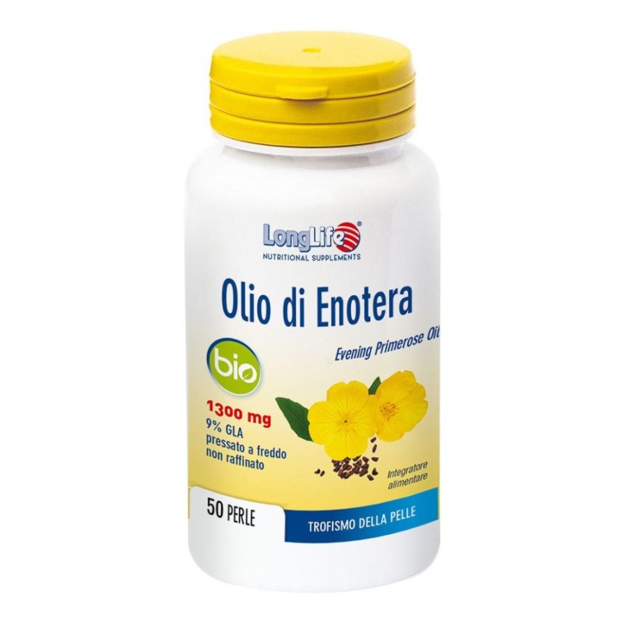 LongLife Olio di Enotera 50 Perle Softgel – Integratore di Olio di Enotera (Oenothera Biennis) Ricco di Acidi Grassi Omega 6 per il Benessere di Pelle, Capelli e Ciclo Femminile