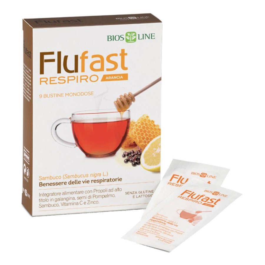 Flufast Respiro Integratore per il Benessere delle Vie Respiratorie 9 bustine gusto arancia Flufast Respiro Integratore per il Benessere delle Vie Respiratorie 9 bustine gusto arancia