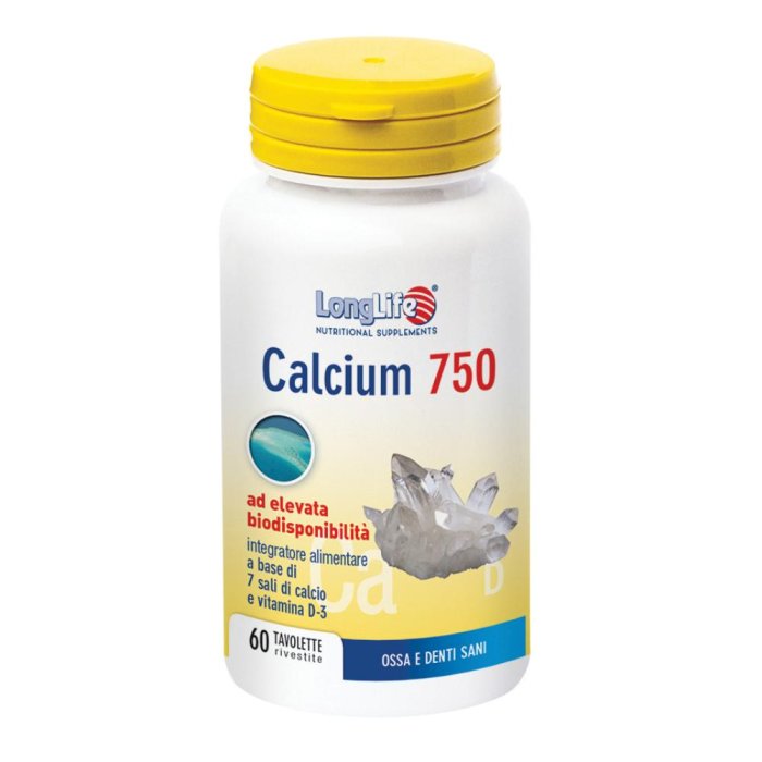 LongLife Calcium 750 Milligrammi 60 Compresse Integratore di Calcio ad Alto Dosaggio per Ossa Denti e Metabolismo Energetico