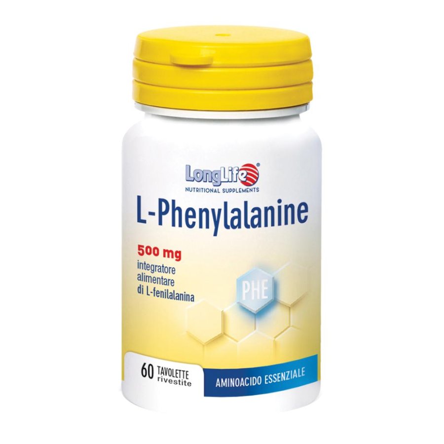 LongLife Phenylalanine 500 milligrammi 60 tavolette integratore di L-fenilalanina per energia mentale e benessere del sistema nervoso LongLife Phenylalanine 500 milligrammi 60 tavolette integratore di L-fenilalanina per energia mentale e benessere del sistema nervoso