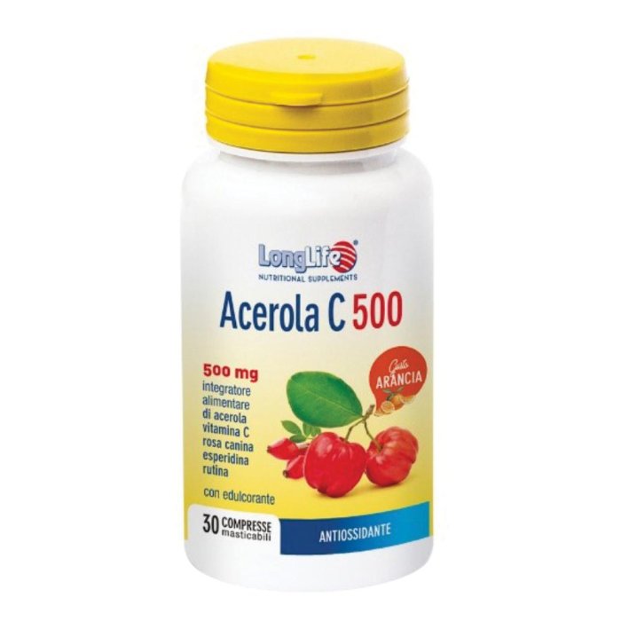 Longlife Acerola 500 Milligrammi Integratore di Vitamina C Naturale al Gusto Arancia 30 Compresse
