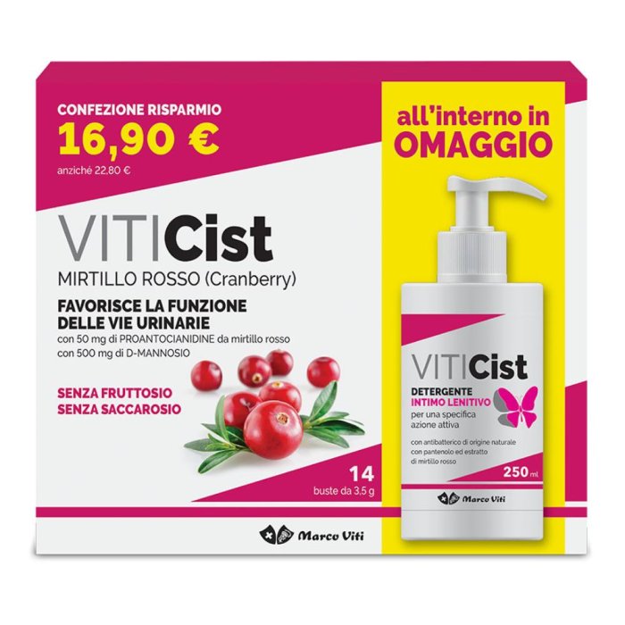 Viticist Promo 14 Bustine piu Detergente Intimo - integratore al mirtillo rosso per vie urinarie con detergente intimo