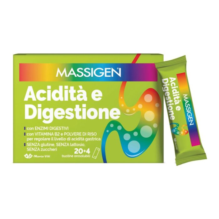 Massigen acidità e digestione 24 stick (20+4 bustine )– Integratore per la regolazione dell’acidità gastrica